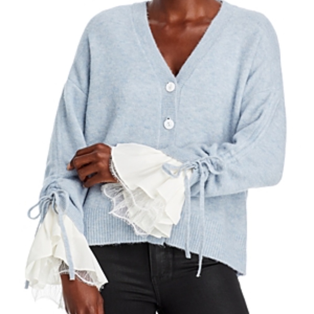 Cinq à Sept Atlas Wool Ruffle-Cuff Cardigan Light Blue Size Medium SEE DETAILS